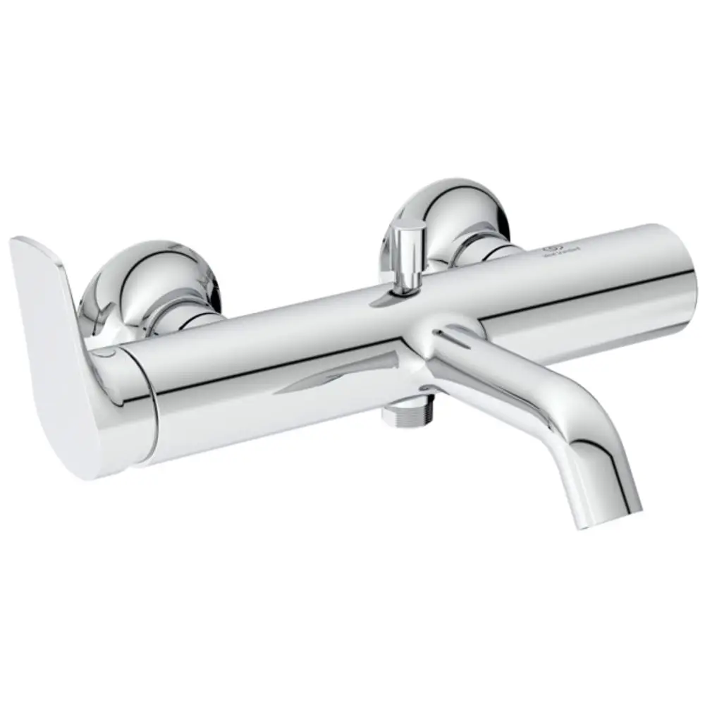 Chromfarbige Armatur von Ideal Standard mit zwei Griffen und einem seitlichen Auslauf, geeignet für Badewanneninstallation.